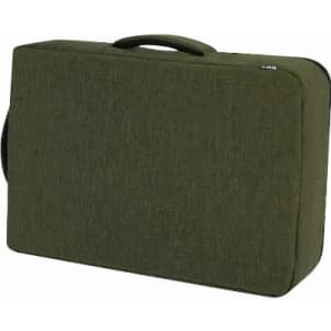 A green fabric case with a handle, featuring a simple, textured design and a zip closure.