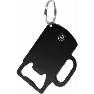 A keyring bottle opener in a sleek black design, featuring a handle for easy grip and a circular keyring attachment.