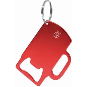 A red bottle opener keychain with a handle and a metal keyring attachment. It features a small logo on the surface.