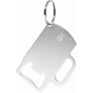 A keychain bottle opener in a metallic finish, designed in the shape of a drink bottle. Features a logo.