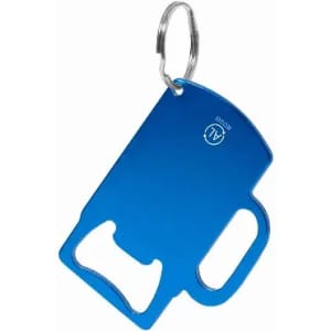 A blue bottle opener shaped like a mug, attached to a keyring. The item features a simple handle design.
