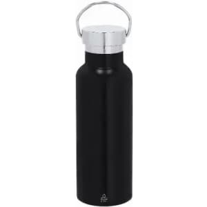 A drink bottle in black with a silver cap and a handle for easy carrying, featuring a logo.