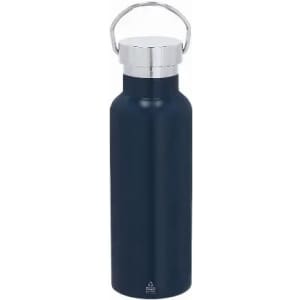 A drink bottle in navy with a silver lid and a handle, featuring a logo on the surface.