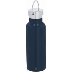 A drink bottle in navy blue with a silver cap and a metal loop for carrying. Features a logo on the front.