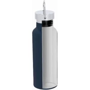 A drink bottle with a navy blue body and a silver cap, featuring a simple design and a built-in handle.