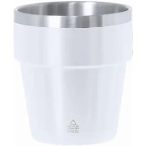 A drink bottle in white with a stainless steel rim, featuring a branding logo on its base.