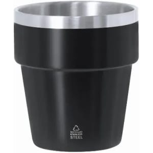 A drink bottle featuring a black exterior with a silver band, made of recycled stainless steel.
