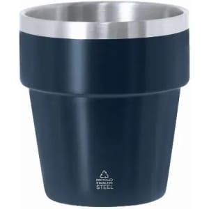 A drink bottle in navy blue with a stainless steel rim and a recycling emblem on the base.