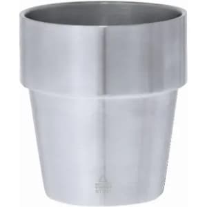 A drink bottle in a sleek stainless steel design with a plant pot shape, featuring a logo on its surface.
