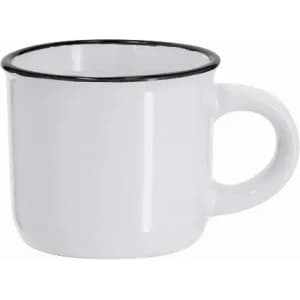 A white mug with a black rim and handle, featuring a smooth exterior and round shape.
