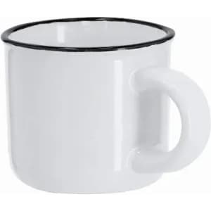 A drink mug in white enamel with a black rim and handle, featuring a simple design and no visible branding.