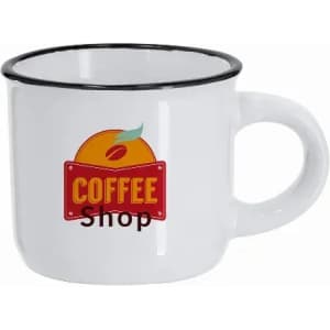 A white coffee mug with a black rim, featuring a logo with a coffee bean and text.