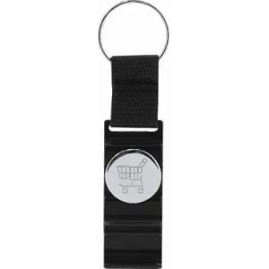 A keyring design with a black strap and a silver shopping cart emblem on a rectangular base.