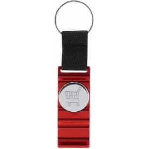 A red keychain featuring a circular silver accent with a shopping cart design and a black strap.