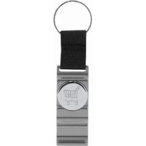 A metal keyring featuring a shopping cart design, attached to a black fabric strap.