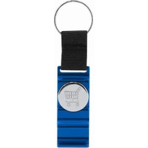 A blue keychain with a clip and a circular metal disc featuring a shopping cart design.