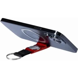 A phone stand with a red strap and keyring attachment, designed to hold a smartphone in a vertical position.
