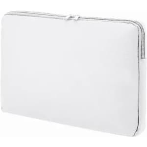 A white zippered laptop sleeve with a smooth finish and minimalist design. It includes a branded logo.