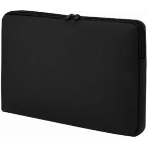 A black laptop sleeve with a zipper closure and a smooth texture, featuring a minimalist design.