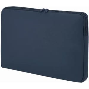 A navy blue laptop sleeve with a zip closure and a smooth exterior, featuring a logo on one side.