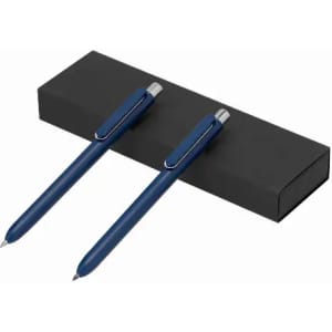 A set of blue pens displayed on a black box. The pens have a sleek design and silver accents.