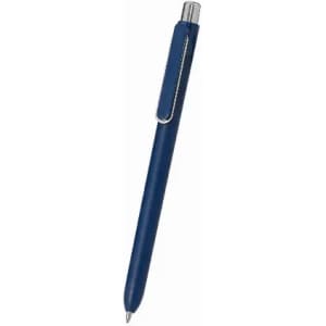 A blue ballpoint pen with a silver clip. The pen has a sleek design and glossy finish.