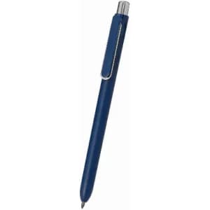 A pen with a navy blue barrel and silver clip, featuring a retractable design.