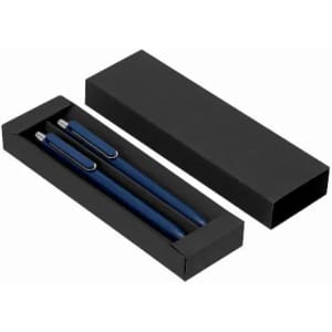 A pen set featuring two blue pens placed in a black box packaging. The box is sleek and minimalistic.
