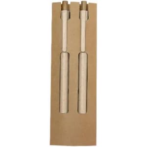 A drink bottle set in brown packaging featuring two bottles with wooden caps. The design is simple and eco-friendly.