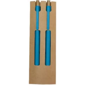 A drink bottle set with two blue bottles, each featuring a metal top, displayed in a brown cardboard packaging.