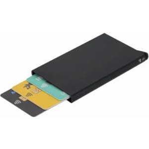 A cardholder featuring a sleek black design with cards partially visible. It has a minimalist style and a branding logo.