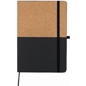 A notebook with a cork cover on top and a black bottom section, featuring an elastic band closure.