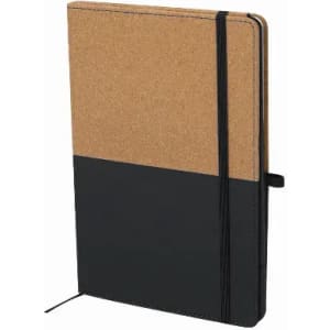 A notebook with a cork cover and a black bottom half, featuring a black elastic band and a ribbon bookmark.