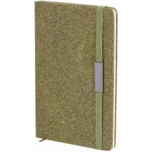 A glittery green notebook with a green elastic band and a silver clip, featuring a textured cover.