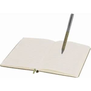 An open notebook with lined pages and a silver pen positioned vertically on the pages.