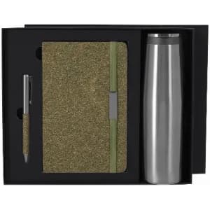 A gift set featuring a silver drink bottle, green notebook, and a grey pen in a black box.