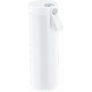 A drink bottle in white with a smooth finish and a side handle for easy carrying. It features a branded logo.