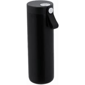 A drink bottle in a sleek black design with a secure lid and a carrying strap. It features a logo on top.