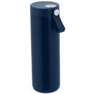 A drink bottle in navy blue with a cylindrical shape and a lid featuring a small handle. It has a logo on the side.
