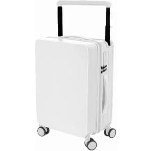 A white suitcase with a retractable handle and wheels for easy transport. Features a sleek, minimalist design.