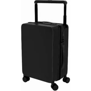 A black suitcase with a retractable handle and wheels, featuring a sleek and minimalist design.