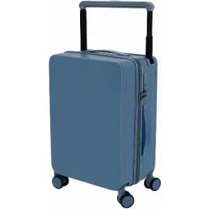 A blue suitcase with a retractable handle and four wheels. It features a zip closure and branding on the side.