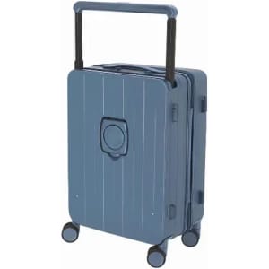 A blue suitcase with a textured surface, retractable handle, and four wheels for easy mobility. It features a logo.