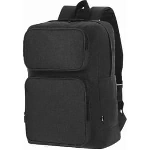 A black backpack with multiple zippered compartments and adjustable shoulder straps. Features a sleek, minimalist design.