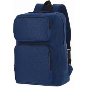 A navy blue backpack with two zippered front pockets and a padded back. It features adjustable shoulder straps.