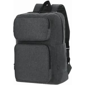 A grey backpack with multiple zippered compartments and adjustable straps, featuring a sleek design.