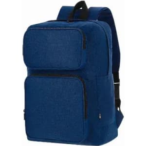 A blue backpack featuring multiple zippered compartments and adjustable straps. It has a simple, modern design.