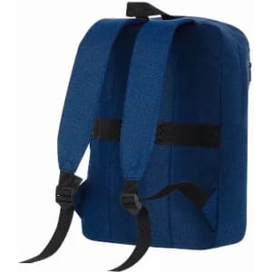 A blue backpack featuring padded straps and a sleek design. It has a simple, modern aesthetic with adjustable straps.