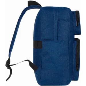 A blue backpack with a side view, featuring multiple pockets and adjustable straps. It has a sleek design and branding.
