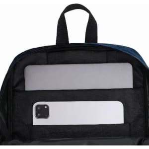 A backpack interior featuring a laptop and a smartphone in separate compartments, with black and navy hues.